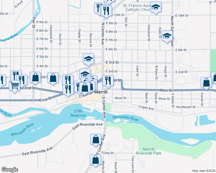 map of restaurants, bars, coffee shops, grocery stores, and more near 100 South Park Street in Merrill