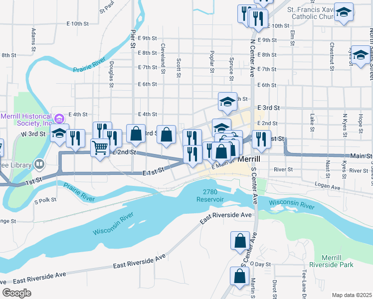 map of restaurants, bars, coffee shops, grocery stores, and more near 212 Scott Street in Merrill