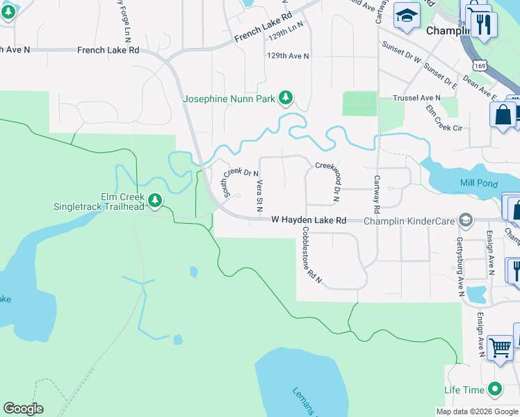 map of restaurants, bars, coffee shops, grocery stores, and more near 1104 Vera Street North in Champlin