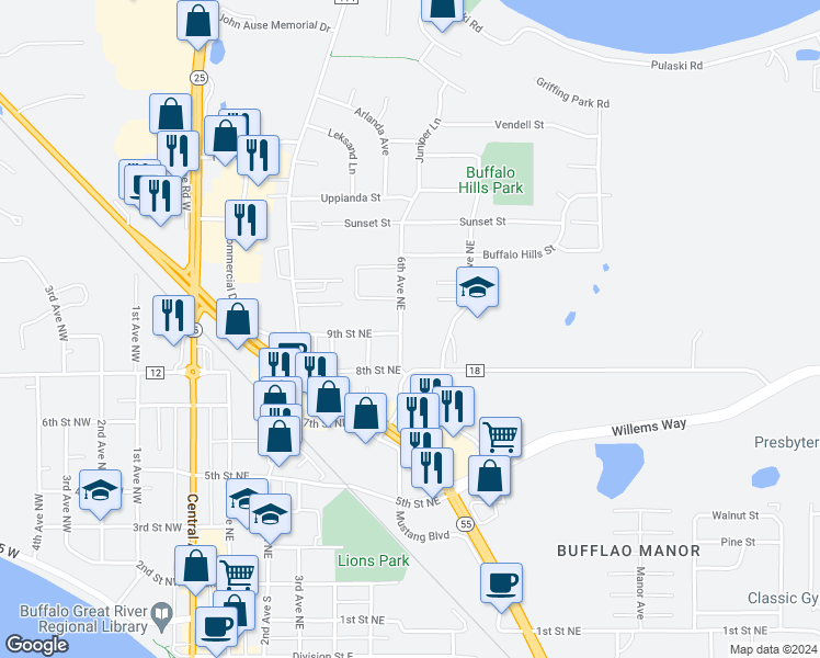 map of restaurants, bars, coffee shops, grocery stores, and more near 906 6th Avenue Northeast in Buffalo