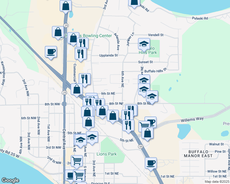 map of restaurants, bars, coffee shops, grocery stores, and more near 417 9th Street Northeast in Buffalo