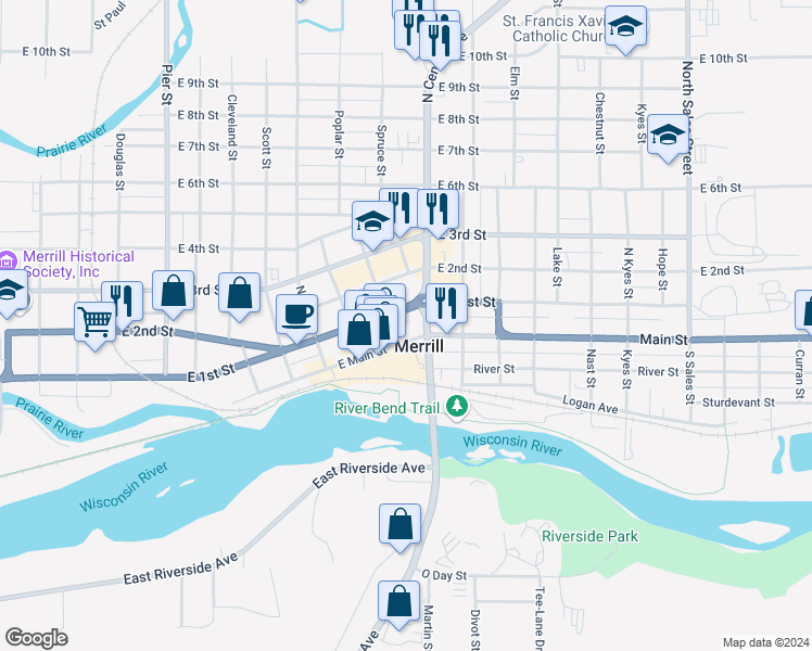 map of restaurants, bars, coffee shops, grocery stores, and more near 1110 East Main Street in Merrill