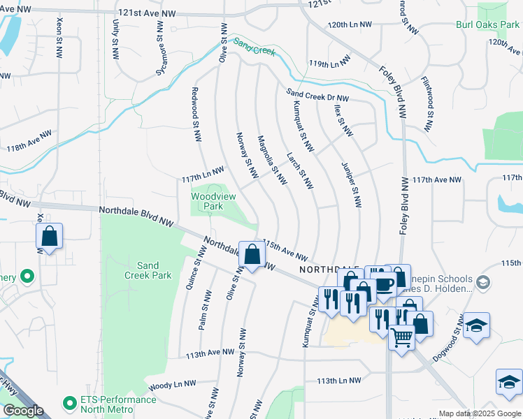 map of restaurants, bars, coffee shops, grocery stores, and more near 11661 Olive Street Northwest in Minneapolis