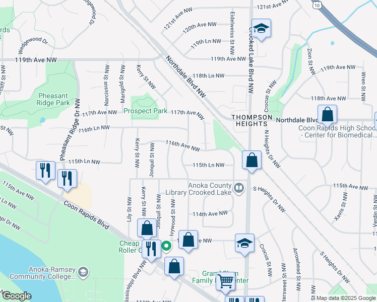 map of restaurants, bars, coffee shops, grocery stores, and more near 3034 116th Avenue Northwest in Coon Rapids