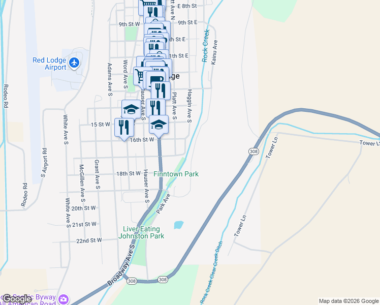 map of restaurants, bars, coffee shops, grocery stores, and more near 514 South Platt Avenue in Red Lodge