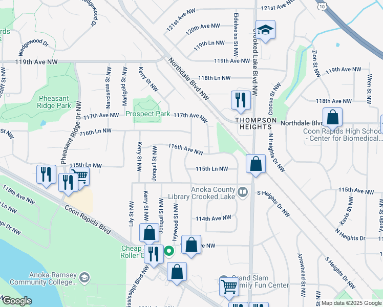 map of restaurants, bars, coffee shops, grocery stores, and more near 3034 116th Avenue Northwest in Coon Rapids