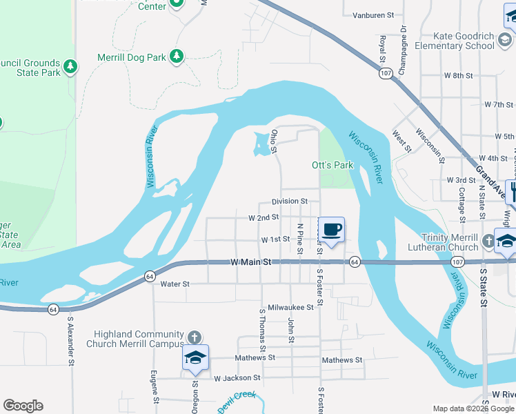 map of restaurants, bars, coffee shops, grocery stores, and more near 307 North Thomas Street in Merrill