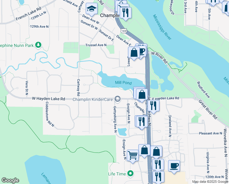 map of restaurants, bars, coffee shops, grocery stores, and more near 201 East Hayden Lake Road in Champlin