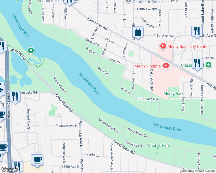 map of restaurants, bars, coffee shops, grocery stores, and more near 822 River Lane in Anoka