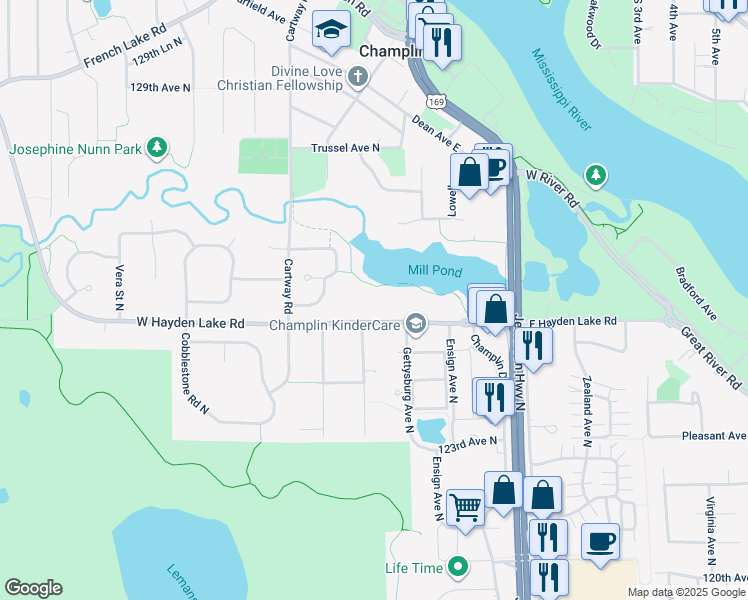map of restaurants, bars, coffee shops, grocery stores, and more near 119 East Hayden Lake Road in Champlin