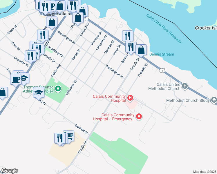 map of restaurants, bars, coffee shops, grocery stores, and more near 56 Barker Street in Calais