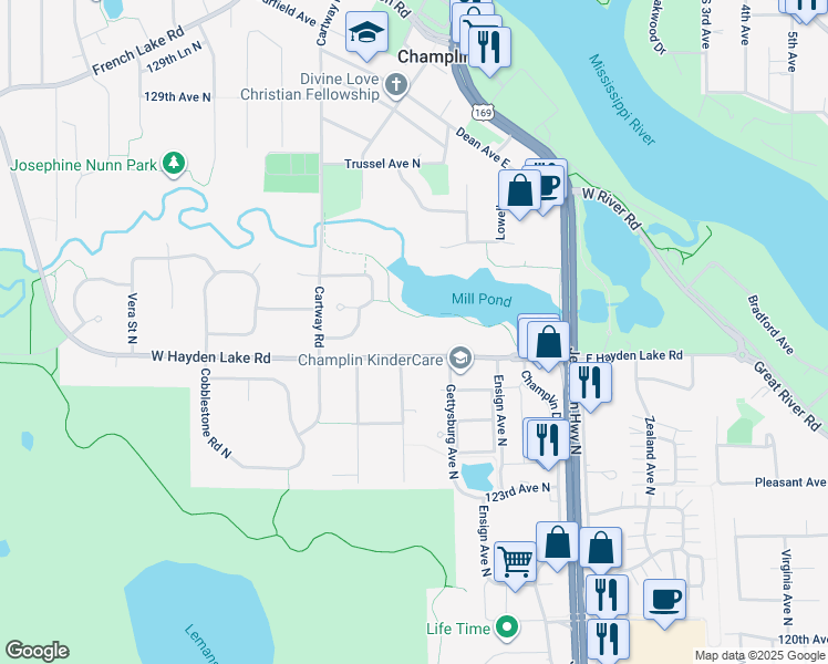 map of restaurants, bars, coffee shops, grocery stores, and more near 119 East Hayden Lake Road in Champlin
