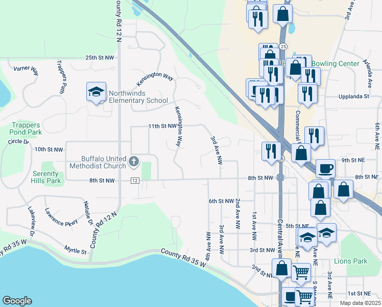 map of restaurants, bars, coffee shops, grocery stores, and more near 904 Hazelwood Circle in Buffalo