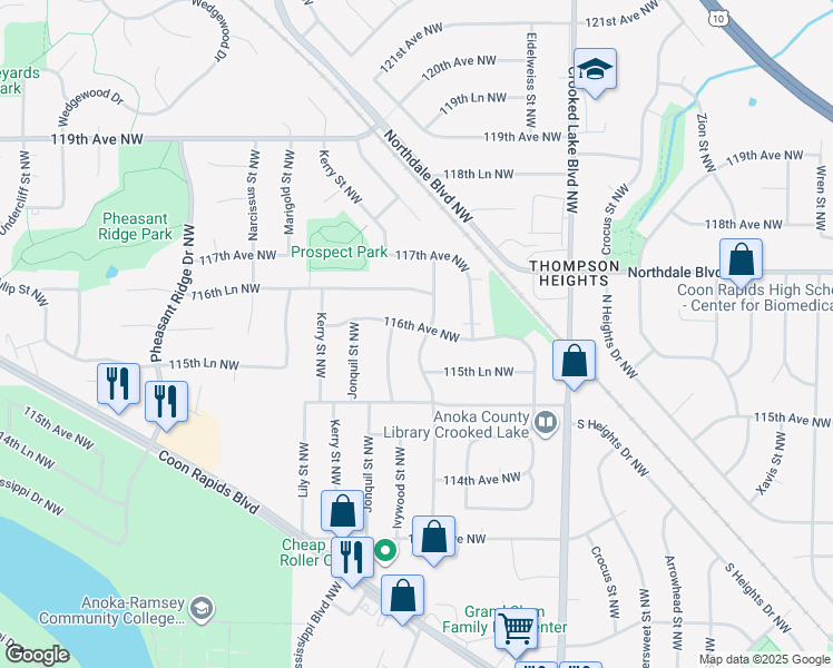 map of restaurants, bars, coffee shops, grocery stores, and more near 3034 116th Avenue Northwest in Coon Rapids