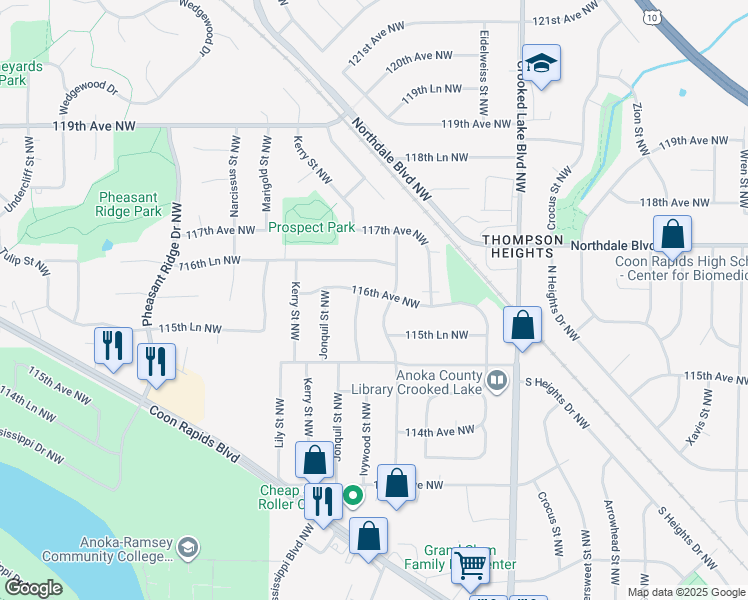 map of restaurants, bars, coffee shops, grocery stores, and more near 3034 116th Avenue Northwest in Coon Rapids