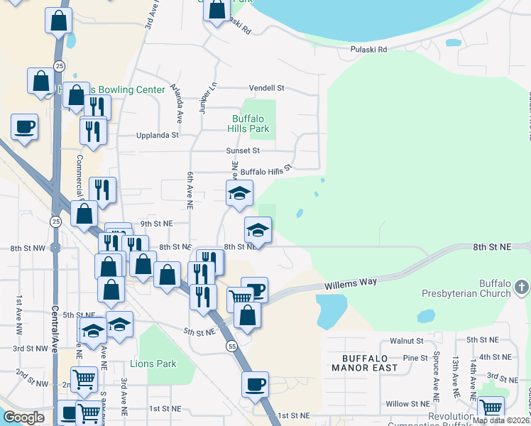 map of restaurants, bars, coffee shops, grocery stores, and more near in Buffalo