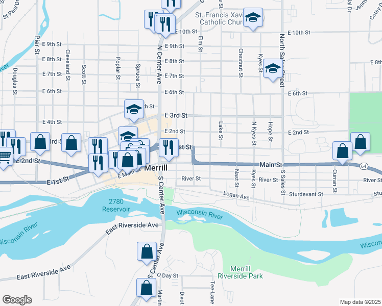 map of restaurants, bars, coffee shops, grocery stores, and more near 102 South Stuyvesant Street in Merrill