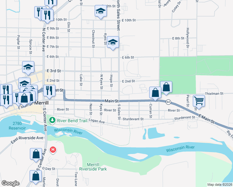 map of restaurants, bars, coffee shops, grocery stores, and more near 1907 East 1st Street in Merrill