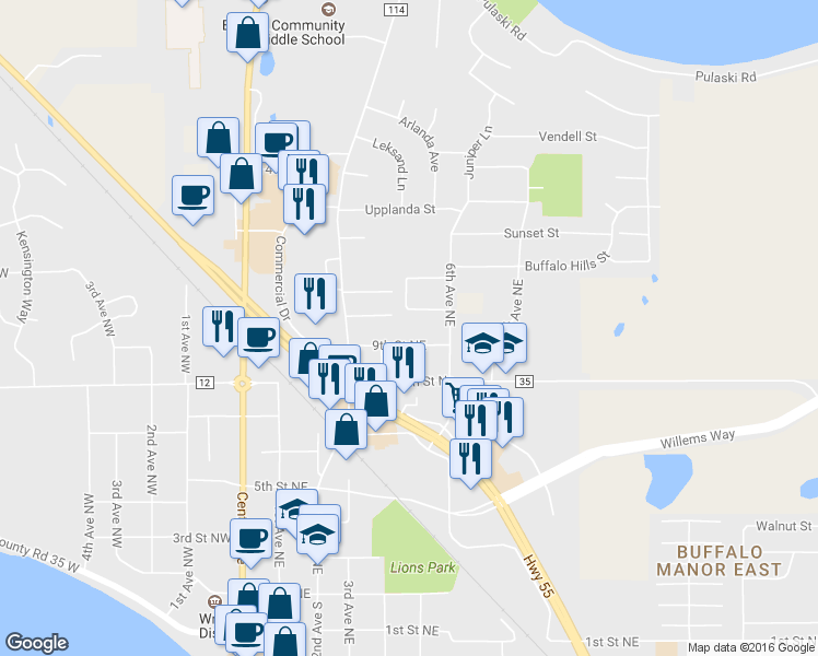 map of restaurants, bars, coffee shops, grocery stores, and more near 407 9th Street Northeast in Buffalo