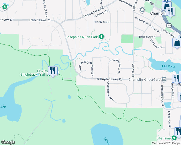 map of restaurants, bars, coffee shops, grocery stores, and more near 1104 Vera Street North in Champlin