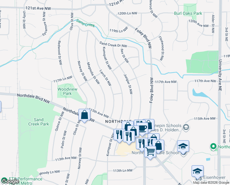 map of restaurants, bars, coffee shops, grocery stores, and more near 11651 Larch Street Northwest in Minneapolis
