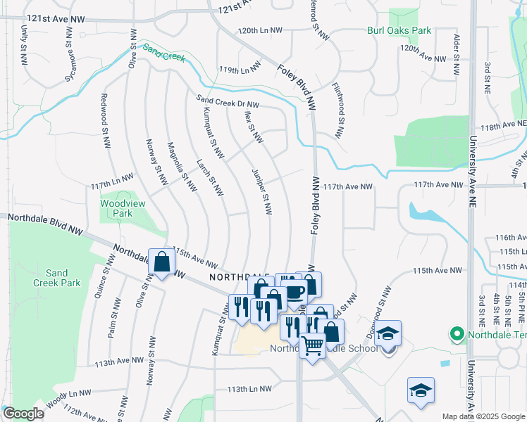 map of restaurants, bars, coffee shops, grocery stores, and more near 11650 Juniper Street Northwest in Minneapolis