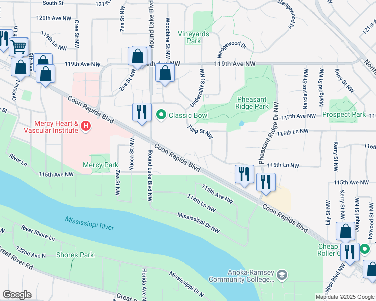 map of restaurants, bars, coffee shops, grocery stores, and more near 3681 Coon Rapids Boulevard Northwest in Minneapolis