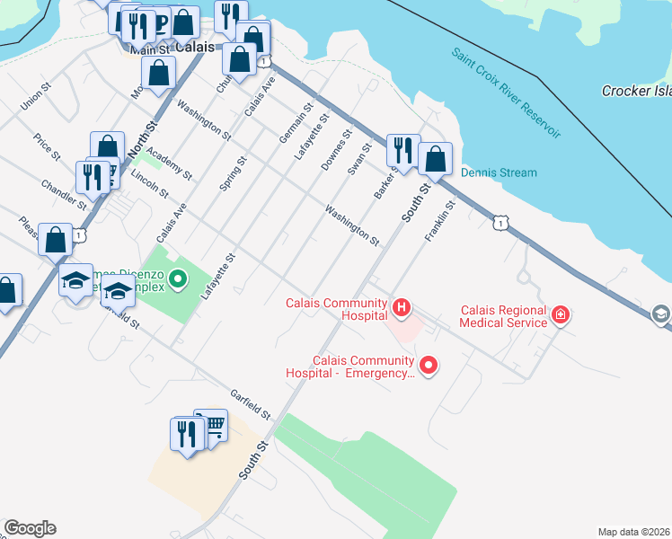 map of restaurants, bars, coffee shops, grocery stores, and more near 56 Barker Street in Calais
