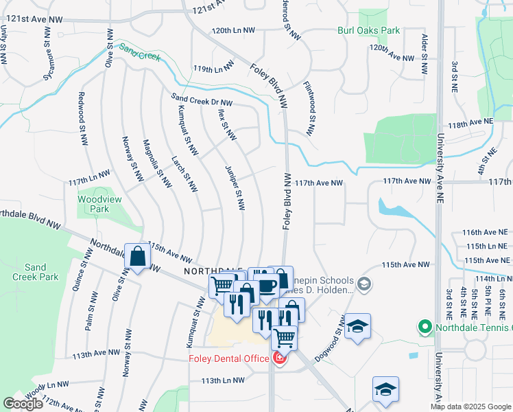 map of restaurants, bars, coffee shops, grocery stores, and more near 11640 Ilex Street Northwest in Coon Rapids