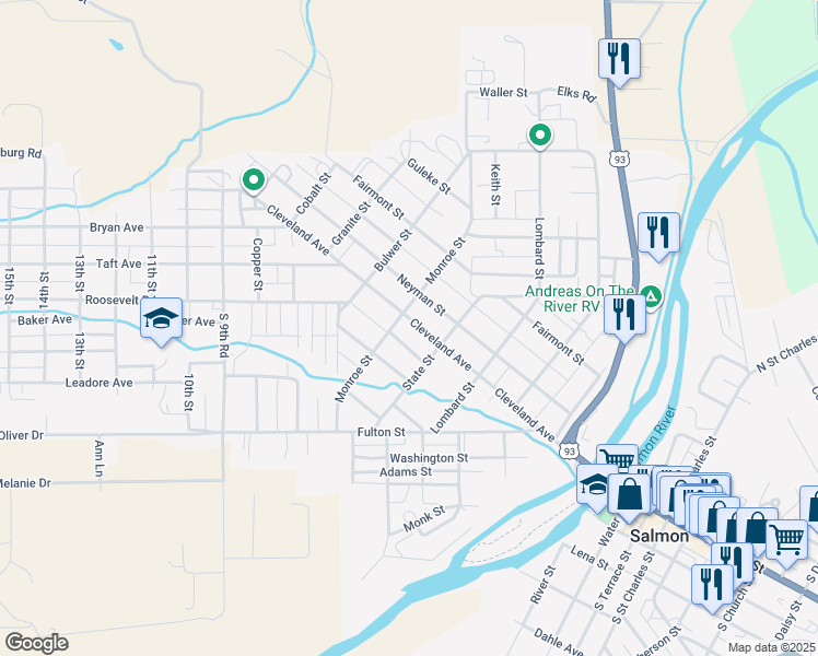 map of restaurants, bars, coffee shops, grocery stores, and more near 410 Courthouse Drive in Salmon