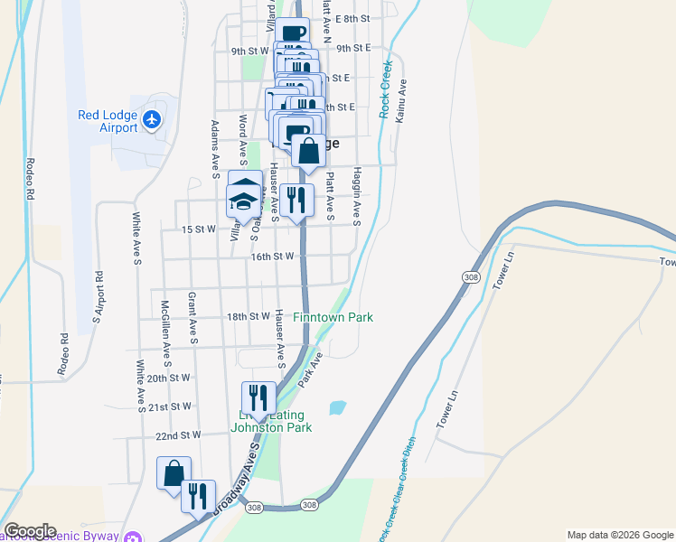 map of restaurants, bars, coffee shops, grocery stores, and more near 514 Platt Avenue South in Red Lodge