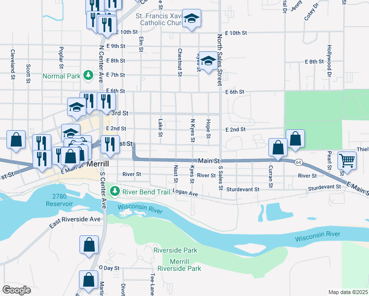map of restaurants, bars, coffee shops, grocery stores, and more near 1705 East 1st Street in Merrill