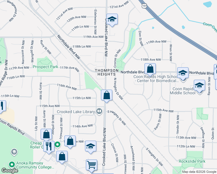 map of restaurants, bars, coffee shops, grocery stores, and more near 11609 Crooked Lake Boulevard Northwest in Coon Rapids