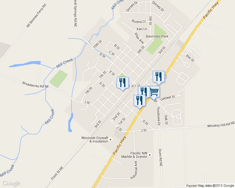 map of restaurants, bars, coffee shops, grocery stores, and more near 2745 G Street in Hubbard