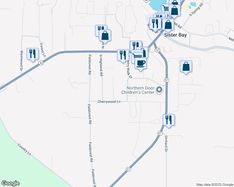 map of restaurants, bars, coffee shops, grocery stores, and more near 10518 Cherrywood Court in Sister Bay