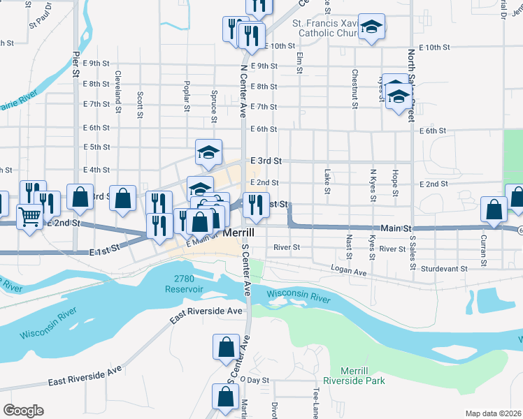 map of restaurants, bars, coffee shops, grocery stores, and more near 100 South Park Street in Merrill