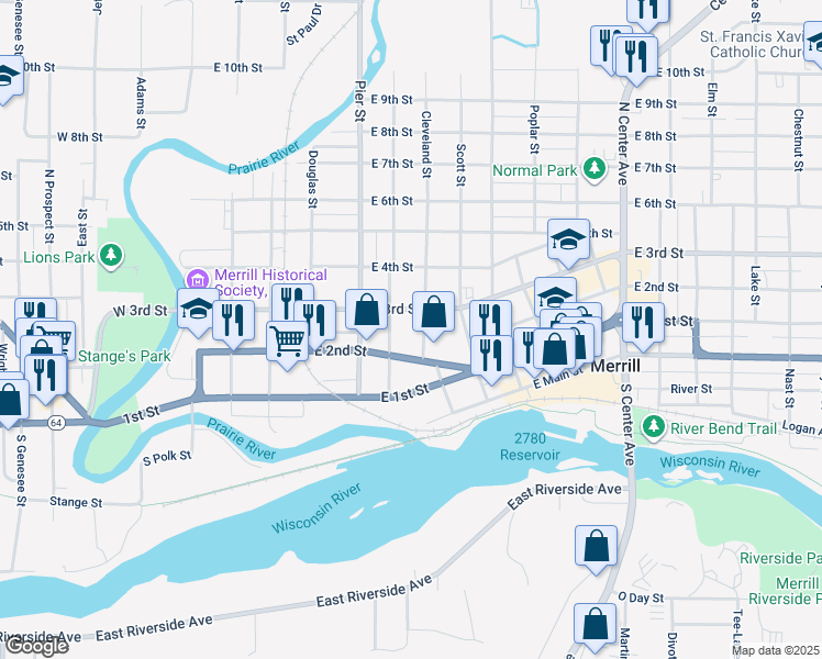 map of restaurants, bars, coffee shops, grocery stores, and more near 208 Cleveland Street in Merrill