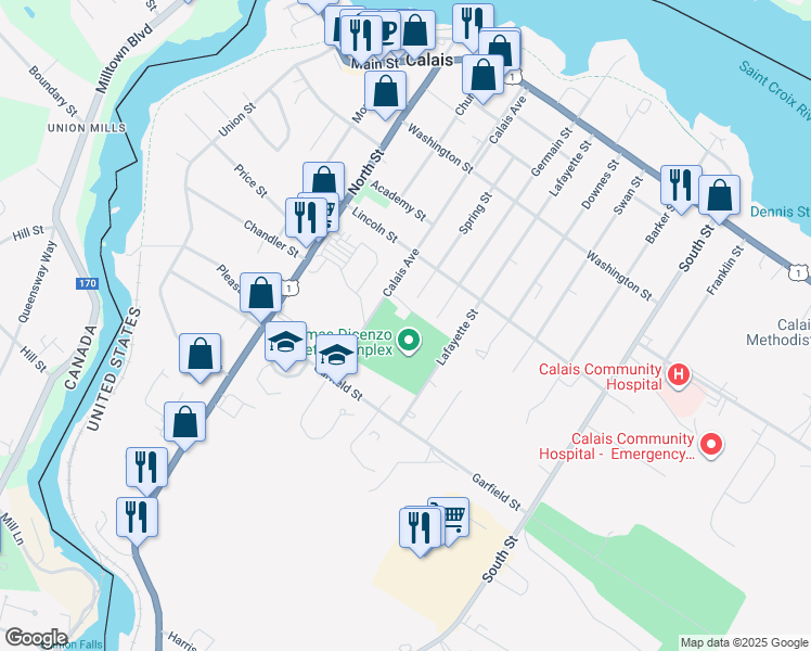 map of restaurants, bars, coffee shops, grocery stores, and more near 62 Spring Street in Calais