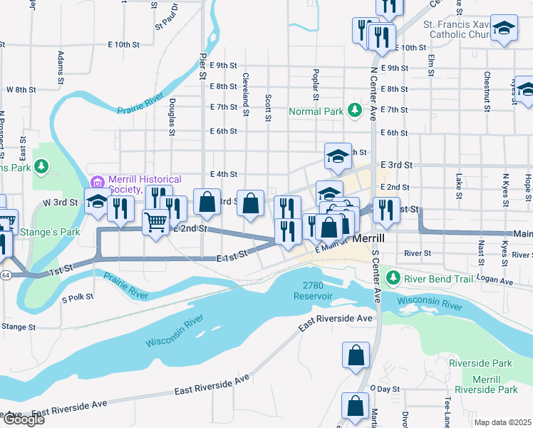 map of restaurants, bars, coffee shops, grocery stores, and more near 212 Scott Street in Merrill