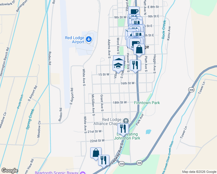 map of restaurants, bars, coffee shops, grocery stores, and more near 507 Adams Avenue South in Red Lodge