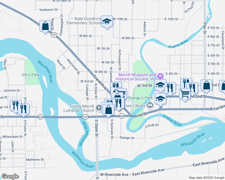 map of restaurants, bars, coffee shops, grocery stores, and more near 212 North Prospect Street in Merrill