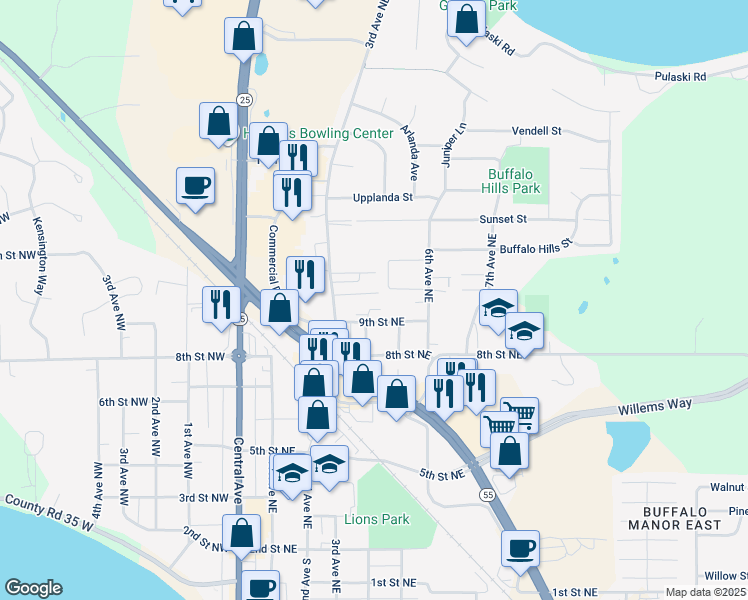 map of restaurants, bars, coffee shops, grocery stores, and more near 407 9th Street Northeast in Buffalo
