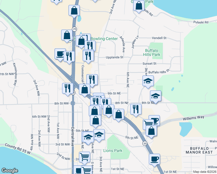 map of restaurants, bars, coffee shops, grocery stores, and more near 902 3rd Avenue Northeast in Buffalo