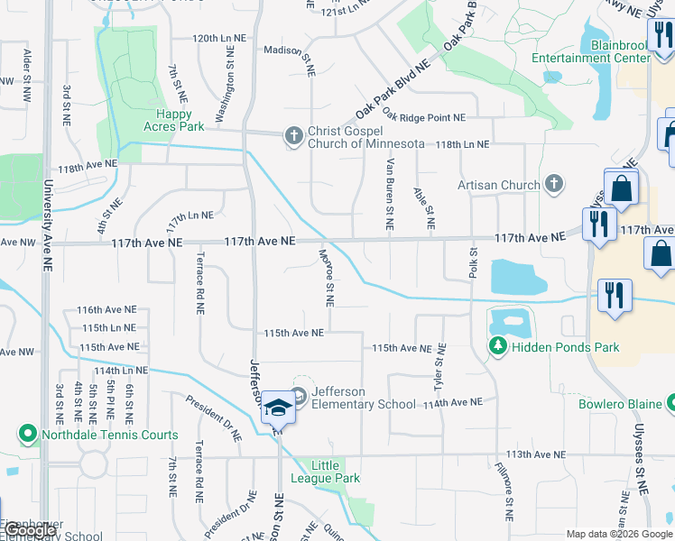 map of restaurants, bars, coffee shops, grocery stores, and more near 701 116th Lane Northeast in Blaine