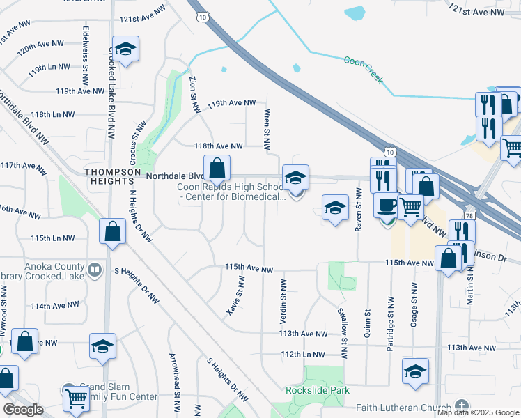 map of restaurants, bars, coffee shops, grocery stores, and more near 11616 Wren Street Northwest in Coon Rapids
