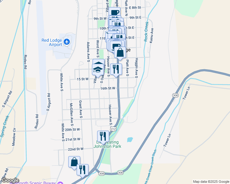 map of restaurants, bars, coffee shops, grocery stores, and more near 598 S Hauser Ave in Red Lodge
