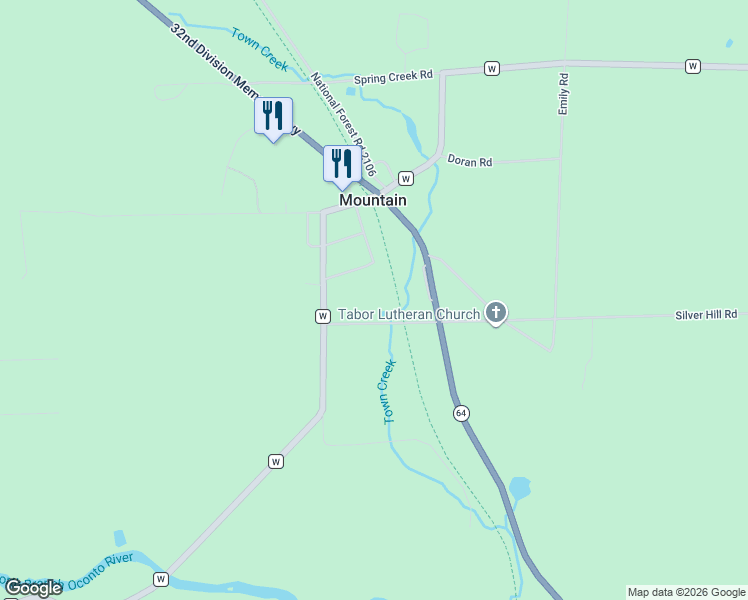 map of restaurants, bars, coffee shops, grocery stores, and more near 14282 Church Road in Oconto
