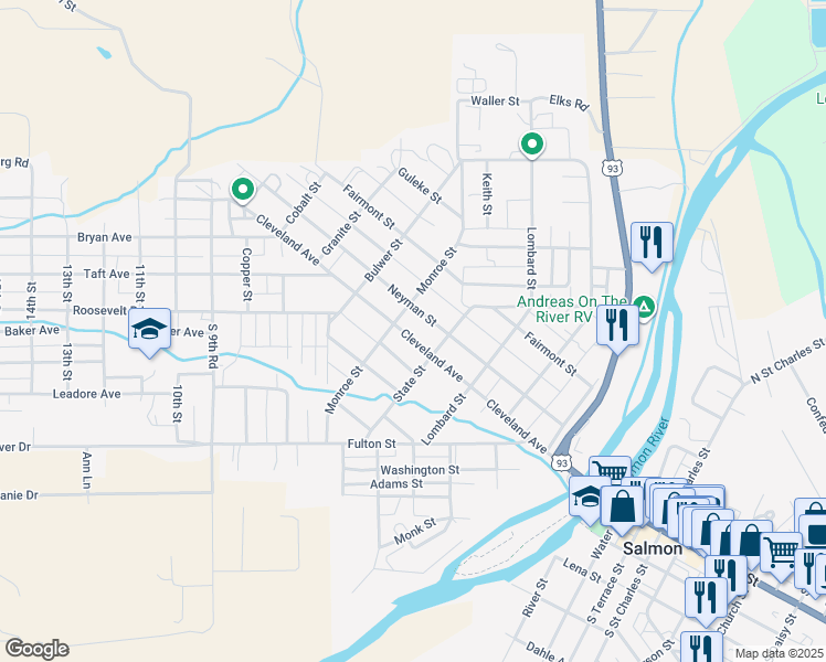 map of restaurants, bars, coffee shops, grocery stores, and more near 410 Courthouse Drive in Salmon