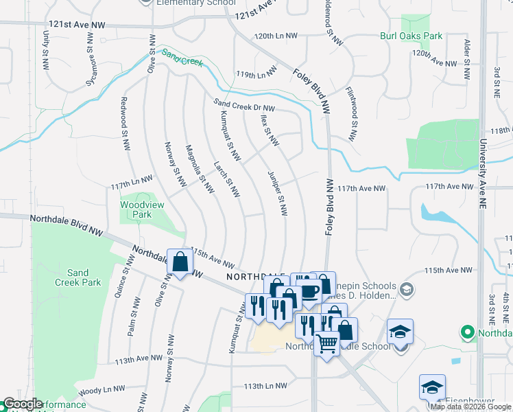 map of restaurants, bars, coffee shops, grocery stores, and more near 11651 Larch Street Northwest in Minneapolis