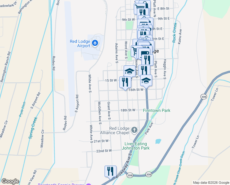 map of restaurants, bars, coffee shops, grocery stores, and more near 507 Adams Avenue South in Red Lodge